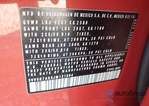 2018 Volkswagen Tiguan 2.0T Sel Premium из США, поврежденный, VIN 3VV5B7AXXJM131084